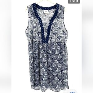 🛍Knox Rose Sz S blue floral sheer chiffon dress, full slip lining, deep neckl…